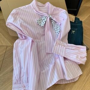 Pink Striped Polka Dot Bow Tie Shirt